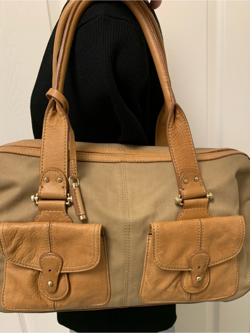 Vintage Liz Claiborne Tan Leather-Trim Canvas Shoulder Bag